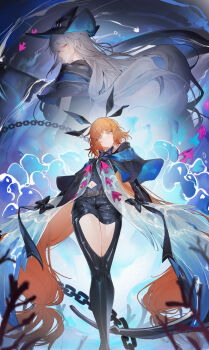 2girls absurdres arknights belt black_bow black_hat black_jacket black_pants blue_hat blue_jacket bow closed_mouth clothing_cutout commentary cosplay feet_out_of_frame flantia grey_belt hair_between_eyes hat highres ishmael_(project_moon) jacket limbus_company long_hair looking_at_viewer multicolored_hair multicolored_jacket multiple_girls navel navel_cutout orange_eyes orange_hair pants project_moon red_eyes sidelocks skadi_(arknights) skadi_(arknights)_(cosplay) thigh_cutout twintails two-tone_hair two-tone_jacket upper_body very_long_hair water white_hair