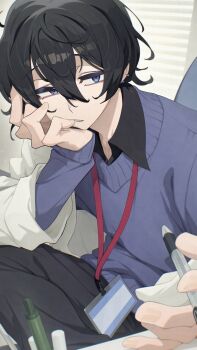 1boy black_hair blue_eyes blue_sweater commission ear_piercing foreshortening hair_between_eyes hand_on_own_face hata4564 head_rest highres holding holding_pen indoors lanyard long_coat male_focus original pen piercing skeb_commission solo sweater window_blinds