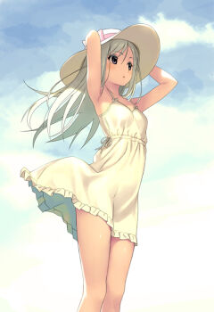 1girl :o armpits arms_up bare_arms bare_shoulders blue_sky breasts cloud cloudy_sky commentary_request day dress frilled_dress frills grey_eyes grey_hair hair_between_eyes hand_on_headwear hat koutaro long_hair looking_away original outdoors parted_lips sky sleeveless sleeveless_dress small_breasts solo sun_hat sundress very_long_hair white_dress white_hat