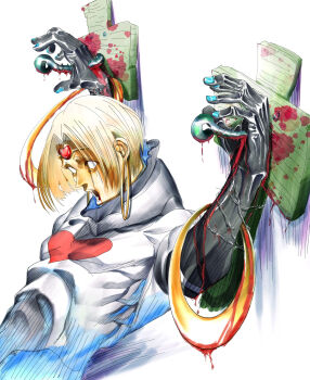 1boy absurdres arms_up barbed_wire blank_eyes blood blue_nails bodysuit circlet commentary_request cross crucifixion earrings guilty_gear hatching_(texture) heart heart_print highres hoop_earrings jewelry latin_cross male_focus muscular muscular_male nail_polish open_mouth screw short_hair simple_background skin_tight solo storyteller777 white_background zappa