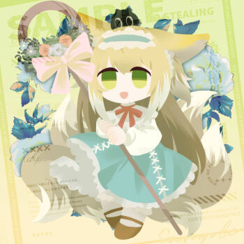 1girl albert_(xhs49777203412) animal_ears black_cat blonde_hair blue_hairband cat crossover fox_ears fox_girl fox_tail green_eyes hairband heixiu holding kitsune kyuubi long_sleeves luo_xiaohei_zhanji multiple_tails no_lineart official_alternate_costume ribbon solo suzuran_(arknights) suzuran_(spring_praise)_(arknights) tail watermark