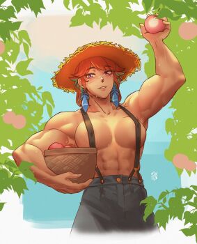 1girl abs alternate_body_size alternate_costume alternate_muscle_size basket biceps breasts convenient_censoring covered_erect_nipples earrings feather_earrings feathers food fruit gradient_hair green_hair grey_pants hat highres holding holding_basket holding_food holding_fruit hololive hololive_english iskaydi jewelry large_breasts long_hair looking_at_viewer multicolored_hair muscular muscular_female navel no_bra no_shirt obliques orange_hair pants purple_eyes smile solo straw_hat strongman_waist suspenders sweat takanashi_kiara toned topless_female virtual_youtuber