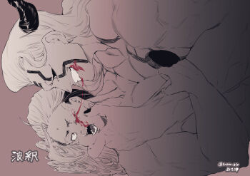 2boys absurdres bindi blood blood_on_face blood_on_mouth blood_string bloody_eye bruise bruised_eye buddha_(shuumatsu_no_valkyrie) collarbone completely_nude constricted_pupils demon_boy demon_horns eye_injury facial_mark facial_tattoo fangs forehead_mark grabbing_another&#039;s_face greyscale hair_down hajun_(shuumatsu_no_valkyrie) hand_on_another&#039;s_arm head_grab highres holding hole hole_in_chest hole_on_body horns implied_rape injury jewelry long_hair looking_at_another looking_down loose_hair_strand lying male_focus monochrome multicolored_hair multiple_boys muscular muscular_male muscular_uke nail_polish nanako_nuchitsu nude on_back one_eye_closed open_mouth pectorals rape shuumatsu_no_valkyrie size_difference smile tattoo teeth toned toned_male yaoi