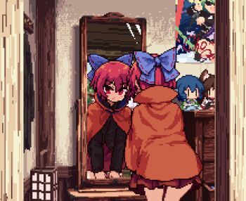 3girls animated animated_gif black_shirt blue_bow blue_eyes blue_hair blue_sky bow cape character_doll choujuu_gigaku closed_mouth cloud commentary_request crossed_arms day doll female_pov fins hair_bow head_fins holding holding_unworn_clothes imaizumi_kagerou indoors isu_(is88) kasodani_kyouko looking_at_mirror lowres miniskirt mirror multiple_girls pixel_art pov red_cape red_eyes red_hair red_skirt reflection sekibanki sekibanki_day shirt short_hair skirt sky smile standing sun thighs touhou undressing wakasagihime