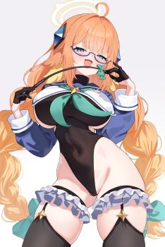 1girl :d ahoge black_gloves black_leotard blue_archive blue_shrug braid braided_twintails breasts commentary_request covered_navel fang feather_hair feathers female_pubic_hair frills glasses gloves half_gloves halo highres holding holding_riding_crop impossible_clothes impossible_leotard large_breasts leotard long_hair looking_at_viewer low_twin_braids open_mouth orange_hair pubic_hair pubic_hair_peek riding_crop shimiko_(blue_archive) shimiko_(magical)_(blue_archive) shrug_(clothing) sketch skin_fang smile solo tansui_san_(tcjp4784) twin_braids very_long_hair yellow_feathers yellow_halo