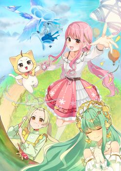 4girls absurdres afternoon_shine_(infinity_nikki) ahoge aircraft animal animal_print astral_swan_(infinity_nikki) back_bow bangs_pinned_back bare_arms bare_shoulders beetle belt bird black_belt black_boots black_bow black_gloves blue_bow blue_flower blue_skirt blue_sky boots bow bowtie bra_strap brown_eyes brown_ribbon bug butterfly_earrings butterfly_net butterfly_print buttons cat center_frills cloak closed_mouth clothed_animal cloud collar collarbone commentary_request day detached_collar detached_sleeves dot_nose dress ear_covers earrings fence floating floating_clothes floating_hair floral_memory_(infinity_nikki) flower flying forehead frilled_collar frilled_gloves frilled_shirt frilled_skirt frilled_sleeves frills from_behind frown full_body gloves grass green_hair green_shirt grey_hair hair_bow hair_flower hair_intakes hair_ornament hair_ribbon hand_net happy highres holding holding_butterfly_net holding_plant hood hood_up hooded_cloak hot_air_balloon infinity_nikki insect interlocked_fingers jewelry layered_skirt leg_up light_blush long_hair long_sleeves low_twintails making-of_available manpukuman medium_skirt momo_(nikki) multiple_girls nervous_sweating nikki_(nikki) nikki_(series) off-shoulder_shirt off_shoulder open_mouth outdoors outline outstretched_arm overalls oversized_flower own_hands_clasped own_hands_together palms path petals pink_hair pink_skirt plant pleated_skirt ponytail puffy_long_sleeves puffy_sleeves red_bow red_bowtie ribbon road rose see-through_clothes see-through_sleeves shirt sidelocks sitting skirt sky sleeveless sleeveless_shirt smile snowflake_print star_(symbol) strapless strapless_dress swan sweat tress_ribbon turtleneck turtleneck_shirt twintails upper_body v-shaped_eyebrows very_long_hair wavy_hair whimstar_(infinity_nikki) whiskers white_cat white_collar white_dress white_outline white_shirt white_skirt white_sleeves wind wishful_aurosa_(infinity_nikki) yarn yellow_cloak yellow_flower yellow_overalls yellow_rose