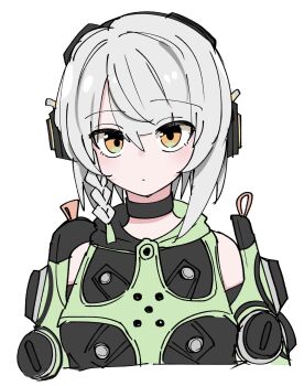 1girl anby_demara bare_shoulders black_collar braid braided_sidelock closed_mouth collar green_jacket green_sleeves grey_hair hair_between_eyes headphones highres jacket looking_at_viewer multicolored_sleeves orange_eyes raised_eyebrow short_hair simple_background sleeveless sleeveless_jacket solo syumi4o upper_body white_background zenless_zone_zero