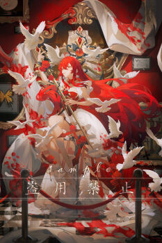 1girl absurdres ahoge bird blood blood_on_ground bug butterfly crossed_bangs curtains dove dress earrings eyelashes flower flower_earrings frills full_body gem hair_between_eyes highres holding holding_staff image_sample indoors insect jewelry long_hair looking_at_object lyrics800 mihuashi_sample original parted_lips picture_frame plant red_eyes red_flower red_gem red_hair red_rose rose sample_watermark sidelocks sitting skeleton solo staff thorns vines watermark white_bird white_flower yellow_butterfly