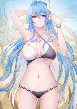 1girl ahoge arm_behind_head armpits azur_lane bare_shoulders bikini black_bikini blue_hair bracelet breasts collarbone commentary_request cowboy_shot criss-cross_halter flower gluteal_fold hair_between_eyes hair_flower hair_ornament halterneck helena_(azur_lane) helena_(shimmering_triangle_wave)_(azur_lane) highres jewelry large_breasts long_hair multicolored_bikini navel o-ring o-ring_bikini o-ring_top official_alternate_costume outdoors palm_tree parted_lips presenting_armpit purple_eyes sai-go solo standing stomach swimsuit tree two-tone_bikini very_long_hair white_bikini white_flower
