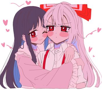 2girls arm_around_shoulder blush bow brown_hair cheek-to-cheek closed_mouth collared_shirt commentary_request frilled_shirt_collar frilled_sleeves frills fujiwara_no_mokou grey_hair hair_bow heads_together heart houraisan_kaguya hug long_hair long_sleeves looking_at_viewer multiple_girls one_eye_closed paint_chat_(medium) pink_shirt red_eyes shirt short_sleeves simple_background smile suspenders tamiko_(tamik0224) touhou white_background wide_sleeves yuri