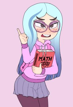Rule 34 | 1girl, andrea davenport, angry, backpack, bag, blue hair, blush, book, braces, brown eyes, brown pantyhose, buck teeth, disney, emoji, eyeshadow, freckles, glasses, grey skirt, holding, holding book, hood, hoodie, index finger raised, leaning forward, long hair, long sleeves, makeup, multicolored hair, nerd emoji, open mouth, pantyhose, pink background, pink eyeshadow, pink hoodie, rukisan(pixiv), skirt, standing, streaked hair, teeth, textbook, the ghost and molly mcgee