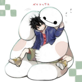 1boy baymax big_hero_6 black_eyes black_hair blue_hoodie blush drawstring eye_contact green_shorts grin hand_up hiro_hamada hood hood_down hoodie hug hug_from_behind long_sleeves looking_at_another looking_back non-humanoid_robot red_shirt robot shirt shoes shorts simple_background smile sneakers tenhana39 white_background