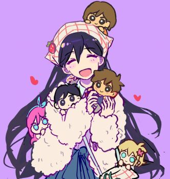 0_scyf 1girl :d ^_^ aubrey_(faraway)_(omori) aubrey_(omori) basil_(faraway)_(omori) basil_(omori) black_hair blue_hakama character_doll closed_eyes collared_shirt doll double-parted_bangs facing_viewer fur_jacket hair_behind_ear hair_between_eyes hakama hands_up hashtag-only_commentary head_tilt headscarf heart hero_(faraway)_(omori) hero_(omori) highres holding holding_doll jacket japanese_clothes kel_(faraway)_(omori) kel_(omori) long_hair long_sleeves mari_(birthday)_(omori) mari_(faraway)_(omori) mari_(omori) official_alternate_costume omori open_clothes open_jacket open_mouth puffy_long_sleeves puffy_sleeves purple_background purple_shirt shirt simple_background smile solo straight-on sunny_(omori) upper_body very_long_hair white_headscarf white_jacket