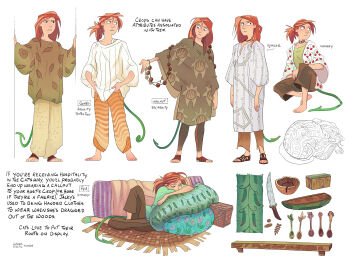 1girl barefoot bowl box brown_pants brown_sandals brown_shirt choker collar cushion dated english_text full_body greekceltic highres jacky_(greekceltic) jumpsuit knife long_sleeves lying multiple_persona on_cushion orange_hair pants ponytail print_shirt sandals shirt signature sitting solo spoon tail white_shirt yellow_pants