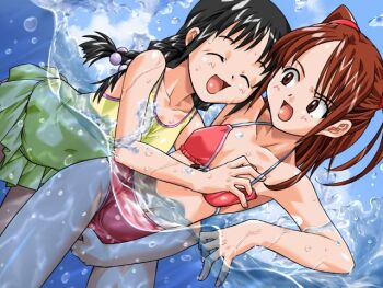 1990s_(style) 2girls :d bikini black_hair blush boku_no_himitsu_taiken braid breasts collarbone fingering fingering_through_clothes front-tie_bikini_top front-tie_top game_cg grabbing_another&#039;s_breast groping hair_ribbon loli long_hair looking_back mame medium_breasts multiple_girls nakajima_kazuko_(boku_no_himitsu_taiken) one-piece_swimsuit open_mouth red_bikini red_eyes red_hair red_ribbon retro_artstyle ribbon saeki_yuki_(boku_no_himitsu_taiken) short_hair sidelocks smile splashing standing swimsuit tareme through_clothes twin_braids twintails underwater water yellow_one-piece_swimsuit yuri