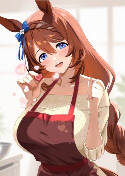 Rule 34 | 1girl, :d, absurdres, animal ears, apron, blue eyes, blue ribbon, bow, braid, braided ponytail, breasts, brown apron, brown hair, candy, chocolate, chocolate heart, commentary request, ear ribbon, food, heart, heart-shaped food, highres, horse ears, horse girl, large breasts, long hair, looking at viewer, narumi yuzurai, open mouth, ribbon, smile, solo, super creek (umamusume), sweater, umamusume, valentine, white sweater