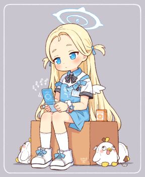 1girl angel&#039;s_24_uniform_(blue_archive) angel_wings apron black_bow black_bowtie blonde_hair blue_apron blue_archive blue_eyes blue_ribbon bow bowtie box bright_pupils cellphone closed_mouth collared_shirt commentary_request flip_phone full_body grey_background hair_ribbon halo holding holding_phone juice_box long_hair mini_wings on_box onyhakase parted_bangs peroro_(blue_archive) phone ribbon scrunchie shirt shoes short_sleeves sitting sneakers socks solo sora_(blue_archive) strap_slip stuffed_toy two_side_up white_halo white_pupils white_shirt white_shoes white_socks white_wings wings wrist_scrunchie