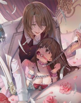 1boy 1girl ball_gag breasts brown_eyes brown_hair buttons chain chain_leash choker cleavage collar collared_shirt commentary_request frilled_choker frilled_wrist_cuffs frills gag green_eyes hetero highres jacket leash long_sleeves looking_at_another looking_up male_yandere medium_breasts necktie original pink_collar red_necktie red_vest restrained shirt uruu_akua vest white_jacket white_shirt white_wrist_cuffs wrist_cuffs yandere