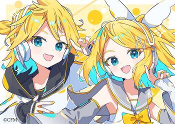 1boy 1girl :d aramedraw bare_shoulders black_sailor_collar blonde_hair blue_eyes bow bowtie brother_and_sister commentary_request copyright_notice detached_sleeves double-parted_bangs grey_sailor_collar grey_sleeves hand_up headset highres kagamine_len kagamine_len_(nt) kagamine_rin kagamine_rin_(nt) light_blush long_sleeves looking_at_viewer nail_polish official_art open_mouth parted_bangs sailor_collar shirt short_hair siblings smile twins upper_body vocaloid white_shirt yellow_bow yellow_bowtie yellow_nails