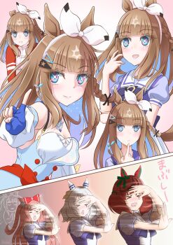 Rule 34 | > <, + +, 4girls, agnes digital (umamusume), almond eye (umamusume), animal ears, blue eyes, blue gloves, blush, bow, bow hairband, braid, braided sidelocks, breasts, brown hair, closed eyes, closed mouth, colored inner hair, covering own eyes, detached sleeves, dress, ear bow, ear covers, fingerless gloves, gloves, green bow, grey hair, hair between eyes, hair bow, hair ornament, hairband, hairclip, highres, hishi miracle (umamusume), horse ears, horse girl, jacket, long hair, medium hair, multicolored hair, multiple girls, nice nature (umamusume), open mouth, pink hair, pout, puffy short sleeves, puffy sleeves, purple bow, purple shirt, red button, red jacket, sailor collar, sailor shirt, school uniform, shirt, short sleeves, smile, streaked hair, symbol-shaped pupils, tracen school uniform, tracen training uniform, track jacket, umamusume, white hairband, white sailor collar, wonder-ranch, x-shaped pupils