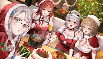 4girls absurdres against_glass ahoge alcohol anis_(nikke) bandaged_head bandages black_choker black_nails black_pantyhose blush box breasts brown_eyes brown_hair cake capelet champagne champagne_flute choker christmas christmas_lights christmas_ornaments christmas_present christmas_tree cleavage collared_dress commentary_request cooking_pot couch counters_(nikke) cup curry doro_(nikke) dress drinking_glass dutch_angle fingerless_gloves food fruit fur-trimmed_capelet fur-trimmed_dress fur-trimmed_gloves fur-trimmed_hood fur_trim gift gift_box glasses glint gloves goddess_of_victory:_nikke green_eyes grey_hair hair_between_eyes hair_intakes hair_ornament ham hand_on_glass hand_up hat highres holding holding_cup holding_ladle hood indoors ladle large_breasts lens_flare long_hair looking_ahead looking_at_viewer merry_christmas mittens modernia_(nikke) multiple_girls nail_polish neon_(nikke) nigi_(ngmnoym) off-shoulder_dress off_shoulder on_couch open_mouth orange_(fruit) orange_slice outstretched_arm pantyhose pillow pink_hair pink_mittens pom_pom_(clothes) purple_eyes rapi_(nikke) rapi_(red_hood)_(nikke) red-framed_eyewear red_capelet red_dress red_eyes red_hair santa_costume santa_dress santa_hat sidelocks sitting smile sparkle star_(symbol) star_hair_ornament steaming_food strawberry table teeth thighs upper_teeth_only vertical-striped_mittens very_long_hair white_gloves white_hair window