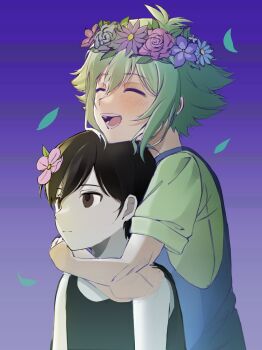 2boys antenna_hair basil_(headspace)_(omori) basil_(omori) black_eyes black_hair black_tank_top blue_overalls blush closed_mouth commentary double-parted_bangs expressionless flower flower_wreath green_hair green_shirt hair_between_eyes hair_flower hair_ornament head_wreath highres hug hug_from_behind male_focus multiple_boys o3o2sao omori omori_(omori) open_mouth overalls shirt short_hair short_sleeves sidelocks smile symbol-only_commentary t-shirt tank_top teeth tongue