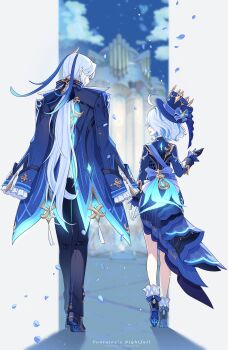 1boy 1girl absurdres asymmetrical_gloves black_gloves black_pants black_shoes blue_hair blue_hat blue_jacket blue_shoes closed_mouth commentary_request falling_petals from_behind full_body furina_(genshin_impact) genshin_impact gloves hat highres jacket jacket_on_shoulders lalazyt long_hair long_sleeves looking_at_another mismatched_gloves multicolored_hair neuvillette_(genshin_impact) neuvillette_(melusent_gift)_(genshin_impact) official_alternate_costume open_mouth pants petals pointy_ears shoes short_hair streaked_hair top_hat walking white_gloves white_hair