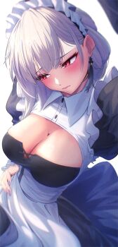 apron blue_nails blush breasts cleavage commentary_request embarrassed hair_extensions highres large_breasts maid misaki_(seil518) mole mole_beside_mouth mole_on_cheek mole_under_mouth red_eyes sanhua_(wuthering_waves) white_apron white_hair wuthering_waves