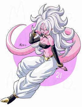 1girl android_21 bare_shoulders black_tube_top blue_eyes breasts cleavage colored_skin dragon_ball dragon_ball_fighterz glasses grey_hair harem_pants highres holding holding_removed_eyewear long_hair majin_android_21 pants pink_skin pink_tail pointy_ears solo strapless tongue tongue_out tube_top unworn_eyewear white_pants yamuchasiyagatte