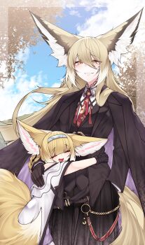 2girls :d absurdres animal_ear_fluff animal_ears arknights black_coat black_gloves black_jacket black_skirt blonde_hair blue_hairband braid braided_hair_rings closed_eyes coat coat_on_shoulders collared_shirt commentary dated_commentary fox_ears fox_girl fox_tail gloves hair_rings hairband highres hug jacket kitsune kyuubi long_hair mother_and_daughter multiple_girls multiple_tails necktie open_mouth orange_eyes parted_lips red_necktie samip shirt short_hair skirt smile suzuran_(arknights) tail teeth twin_braids upper_teeth_only vulpisfoglia_(arknights) white_shirt
