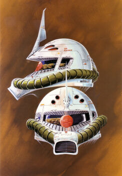 1970s_(style) absurdres cable concept_art crater gouf gundam highres machinery mecha mecha_focus military_rank_insignia mobile_suit mobile_suit_gundam moon multiple_views no_humans oldschool one-eyed ookawara_kunio painting_(medium) prototype_design radio_antenna red_eyes reflection retro_artstyle robot scan science_fiction space traditional_media zeon