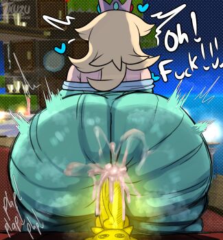 1girl 1other absurdres academic_test ass blonde_hair blue_eyes clothed_sex crown cum earrings english_text highres huge_ass huge_penis huge_testicles inuzu jewelry long_hair looking_back luma_(mario) mario_(series) nintendo penis piercing rosalina sex sex_from_behind star_(sky) super_mario_galaxy surprised sweat testicles veins veiny_penis