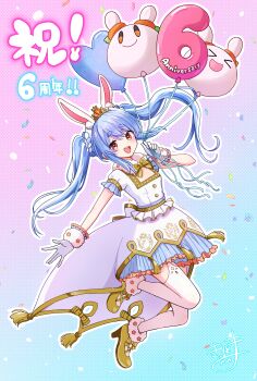 1girl :d absurdres animal_ear_fluff animal_ears anniversary balloon blue_background blue_hair bow braid brown_bow brown_shoes commentary_request dress frilled_dress frills gloves gradient_background hand_up heart_balloon high_heels highres holding holding_balloon hololive kiritoma long_hair looking_at_viewer multicolored_hair number_balloon official_alternate_costume official_alternate_hairstyle open_mouth pekomon_(usada_pekora) pink_background puffy_short_sleeves puffy_sleeves rabbit_ears red_eyes shoes short_eyebrows short_sleeves signature smile solo streaked_hair thick_eyebrows thighhighs tiara twintails twintails_with_braided_base usada_pekora usada_pekora_(pekoland_princess) very_long_hair virtual_youtuber white_dress white_gloves white_hair white_thighhighs