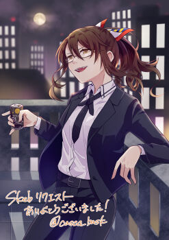 Rule 34 | 1girl, absurdres, adapted costume, against railing, ashigara (kancolle), black suit, brown eyes, brown hair, can, canned coffee, casca (casca bask), cityscape, commission, cowboy shot, drink can, fangs, formal clothes, full moon, glasses, highres, kantai collection, long hair, looking at viewer, moon, night, open mouth, ponytail, railing, skeb commission, smile, solo, suit, twitter username, wavy hair