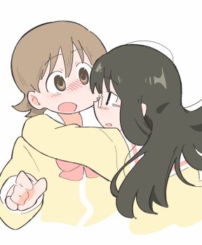 Rule 34 | 2girls, :o, aioi yuuko, arawi keiichi (style), black eyes, black hair, blush, brown eyes, brown hair, glasses, highres, hug, long hair, looking at another, minakami mai, multiple girls, nichijou, nose blush, school uniform, short hair, surprised, tokisadame school uniform, wichimi, yuri