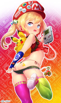 1girl arched_back ass ass_tattoo asymmetrical_legwear back backpack bad_id bad_pixiv_id bag bare_shoulders blouse blue_eyes born-to-die cd clothes_pull controller covered_erect_nipples cowboy_shot crop_top crown disc egg_hair_ornament female_focus fire_emblem food-themed_hair_ornament game_boy game_boy_(original) game_boy_color game_cartridge game_console game_console_background game_controller gamecube gen_1_pokemon green_thighhighs hair_ornament handheld_game_console handheld_game_console_background hat headphones heart heart_in_eye highres holding inkling kirby kirby_(series) loli looking_at_viewer looking_back mario_(series) metroid metroid_(creature) metroid_larva mismatched_legwear nes nintendo nintendo_3ds nintendo_64 nintendo_switch original panties pikachu pink_thighhighs pokemon pokemon_(creature) polka_dot product_placement pulling_own_clothes red_hat samus_aran shirt shoe_soles shoes short_shorts shorts shorts_pull side-tie_panties skindentation sleeveless sleeveless_shirt solo splatoon_(series) standing standing_on_one_leg star_(symbol) star_fox super_mario_bros._1 super_mushroom super_nintendo super_star_(mario) symbol symbol_in_eye tattoo tentacle_hair the_legend_of_zelda thighhighs thong triforce underwear whale_tail_(clothing) wii wii_u yoshi_egg