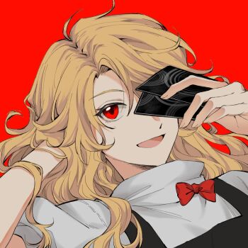 100th_black_market 1girl :d ability_card_(touhou) black_vest blonde_hair bow bowtie card commentary_request hair_spread_out hitte5416 holding holding_card kirisame_marisa long_hair looking_at_viewer lying on_back one_eye_covered open_mouth puffy_short_sleeves puffy_sleeves red_background red_bow red_bowtie red_eyes shirt short_sleeves smile solo touhou turtleneck vest white_shirt