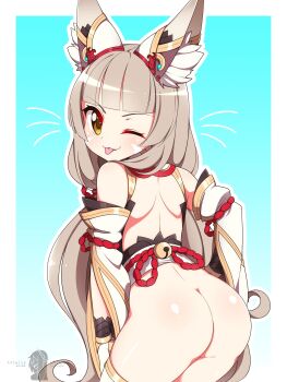 1girl :3 absurdres animal_ears aqua_background ass bad_id bad_twitter_id blunt_bangs blush bottomless cowboy_shot detached_sleeves facial_mark from_behind gradient_background highres long_hair looking_at_viewer looking_back low_twintails mooning nia_(blade)_(xenoblade) nia_(xenoblade) nintendo niyah no_panties one_eye_closed shoulder_blades silver_hair solo spoilers tongue tongue_out totallyiryanic twintails underwear very_long_hair white_background xenoblade_chronicles_(series) xenoblade_chronicles_2 yellow_eyes