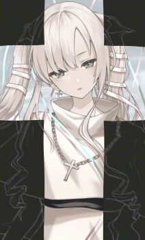 1girl cross cross_earrings cross_necklace dress earrings expressionless grey_eyes highres jewelry kushinaka long_hair looking_at_viewer necklace official_art open_mouth original solo technopop_yuuki_synthesizer-chan twintails upper_body white_dress white_hair