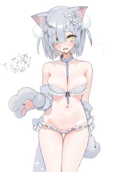 1girl absurdres animal_ear_fluff animal_ears animal_hands bare_shoulders between_breasts blue_collar blunt_bangs blush bra braid breasts cat_ears cat_girl cat_paws cat_tail chibi chibi_inset cleavage collar collarbone eyes_visible_through_hair flying_sweatdrops frilled_bra frilled_panties frills gloves grey_bra grey_gloves grey_hair grey_panties hair_ornament hair_over_one_eye highres large_breasts leash looking_at_viewer multiple_girls navel neko_no_youchuu open_mouth original panties paw_gloves pom_pom_(clothes) pom_pom_hair_ornament short_hair simple_background skindentation stomach tail thigh_gap underwear white_background yellow_eyes