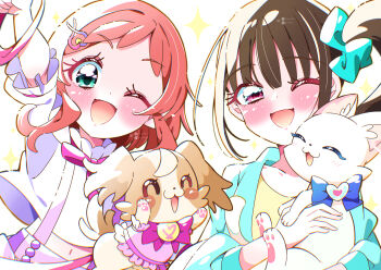 Rule 34 | 2girls, ;d, absurdres, animal, aqua scrunchie, aqua shirt, arm up, black hair, blue bow, blue bowtie, bow, bowtie, cat, closed eyes, commentary, dog, green eyes, hair ornament, hair scrunchie, hairclip, happy, highres, holding, holding animal, inukai iroha, inukai komugi, inukai komugi (dog), long sleeves, looking at viewer, medium hair, midriff, multiple girls, navel, nekoyashiki mayu, nekoyashiki yuki, nekoyashiki yuki (cat), one eye closed, open mouth, pink bow, pink bowtie, pink shorts, pixiv username, potacure, pouch, precure, purple eyes, red hair, scrunchie, shirt, short sleeves, shorts, side ponytail, smile, sparkle, suspender shorts, suspenders, twitter username, white background, white shirt, wonderful precure!