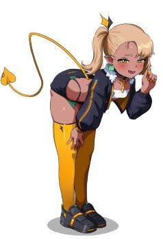 1girl absurdres bent_over blush breasts collar dark-skinned_female dark_skin demon_girl demon_tail ear_piercing emptiy female_focus highres jacket loli looking_at_viewer mesugaki open_clothes open_jacket original piercing pointy_ears ponytail shoes shorts side_ponytail simple_background small_breasts smile solo strapless tail thighhighs thong tube_top underwear white_background yellow_eyes