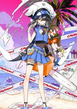 1girl arm_at_side beach belt black_hair black_one-piece_swimsuit blue_shirt blue_skirt bracer breasts caution_tape chainsaw character_doll character_name chinese_clothes closed_mouth cloud colored_inner_hair covered_navel crop_top crossed_bangs doll earrings endo_(takolegs) expressionless fate/grand_order fate_(series) game_cg hair_over_one_eye hand_in_own_hair hand_up hat highleg highleg_one-piece_swimsuit horizon jewelry lady_yu_doll legs_apart looking_at_viewer miniskirt mole mole_under_eye multicolored_hair o-ring o-ring_thigh_strap ocean official_art one-piece_swimsuit one_eye_covered orange_eyes palm_tree pink_sky pleated_skirt sand sandals shirt short_hair skirt sky sleeveless sleeveless_shirt small_breasts solo standing swimsuit swimsuit_under_clothes thigh_strap third-party_source tree variant_set waves weapon weapon_on_back white_belt white_hat xu_fu_(fate) xu_fu_(swimsuit_avenger)_(first_ascension)_(fate) yin_yang