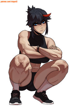 1girl absurdres artist_name ass blue_eyes breasts highres kill_la_kill large_breasts matoi_ryuuko multicolored_hair navel non-web_source shoes sneakers solo squatting stopu two-tone_hair