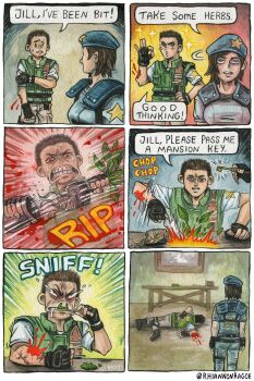 1boy 1girl absurdres artist_name beret black_gloves blood blue_hat blue_shirt chris_redfield commentary english_commentary fingerless_gloves gloves hat highres injury jill_valentine ok_sign plant potted_plant resident_evil resident_evil_1 rhiannon_kagoe shirt shoulder_pads sparkle speech_bubble