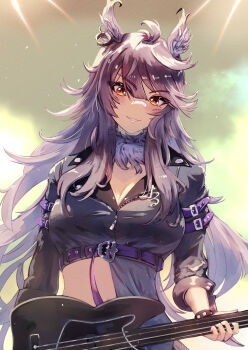 Rule 34 | 1girl, alternate costume, animal ears, arm at side, arm belt, black hair, breasts, cleavage, commentary, detached collar, facial mark, fretless bass guitar, fretless instrument, fur collar, guitar, hair between eyes, hair over shoulder, highres, holding, holding guitar, holding instrument, horse ears, instrument, jacket, large breasts, long hair, looking at viewer, narita brian (apoyando of the roar) (umamusume), narita brian (umamusume), orusun, parted lips, partially unzipped, smile, solo, stomach, straight-on, umamusume, very long hair, yellow eyes, zipper, zipper pull tab