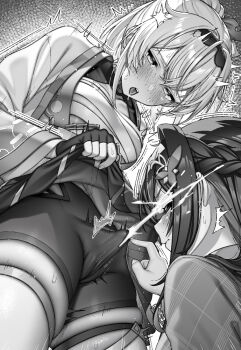 2girls azki_(4th_costume)_(hololive) azki_(hololive) blush breasts bulge cameltoe chest_sarashi closed_eyes clothes_lift commentary_request cum cum_on_body ejaculation erection erection_under_clothes facial fingerless_gloves from_below futa_with_female futanari gloves greyscale hairband half-closed_eyes haori hololive japanese_clothes kazama_iroha kazama_iroha_(1st_costume) lifting_own_clothes long_hair long_sleeves looking_at_penis looking_down monochrome multiple_girls no_testicles open_mouth penis sarashi shorts shorts_under_skirt skindentation skirt skirt_lift small_breasts small_penis sweat tatsuya_(s6pillars) twitching virtual_youtuber