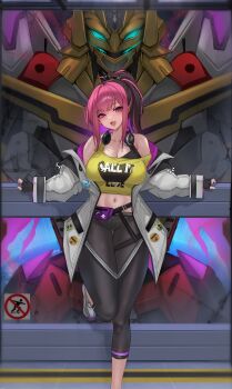 1girl absurdres belt black_belt black_gloves black_hair black_pants blush breasts cleavage fingerless_gloves gloves grey_jacket headphones headphones_around_neck highres jacket kiyoi_(qingyisama) large_breasts looking_at_viewer mecha midriff multicolored_hair navel off_shoulder open_clothes open_jacket pants pink_hair purple_eyes robot shirt smile solo super_robot_wars_y tsukinowa_forte yellow_shirt