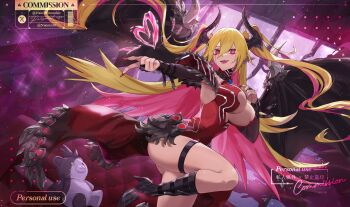 1girl absurdres bare_shoulders black_horns black_wings breasts center_opening commentary_request cowboy_shot demon_girl demon_horns demon_wings dress duel_monster ear_piercing earrings heart heart_earrings highres horns hsin jewelry lacrima_the_crimson_tears makeup multicolored_hair piercing pointy_ears red_dress runny_makeup solo two-tone_hair wings yu-gi-oh!