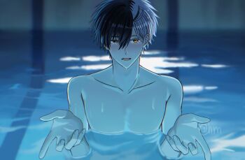 1boy black_hair chainsaw_man grey_eyes grey_hair heterochromia hyohls2_(hamao3o) i&#039;ll_teach_you_everything_(chainsaw_man) looking_at_viewer male_focus multicolored_hair open_mouth parody pool sakura_haruka_(wind_breaker) solo topless_male two-tone_hair wet wind_breaker_(nii_satoru) yellow_eyes